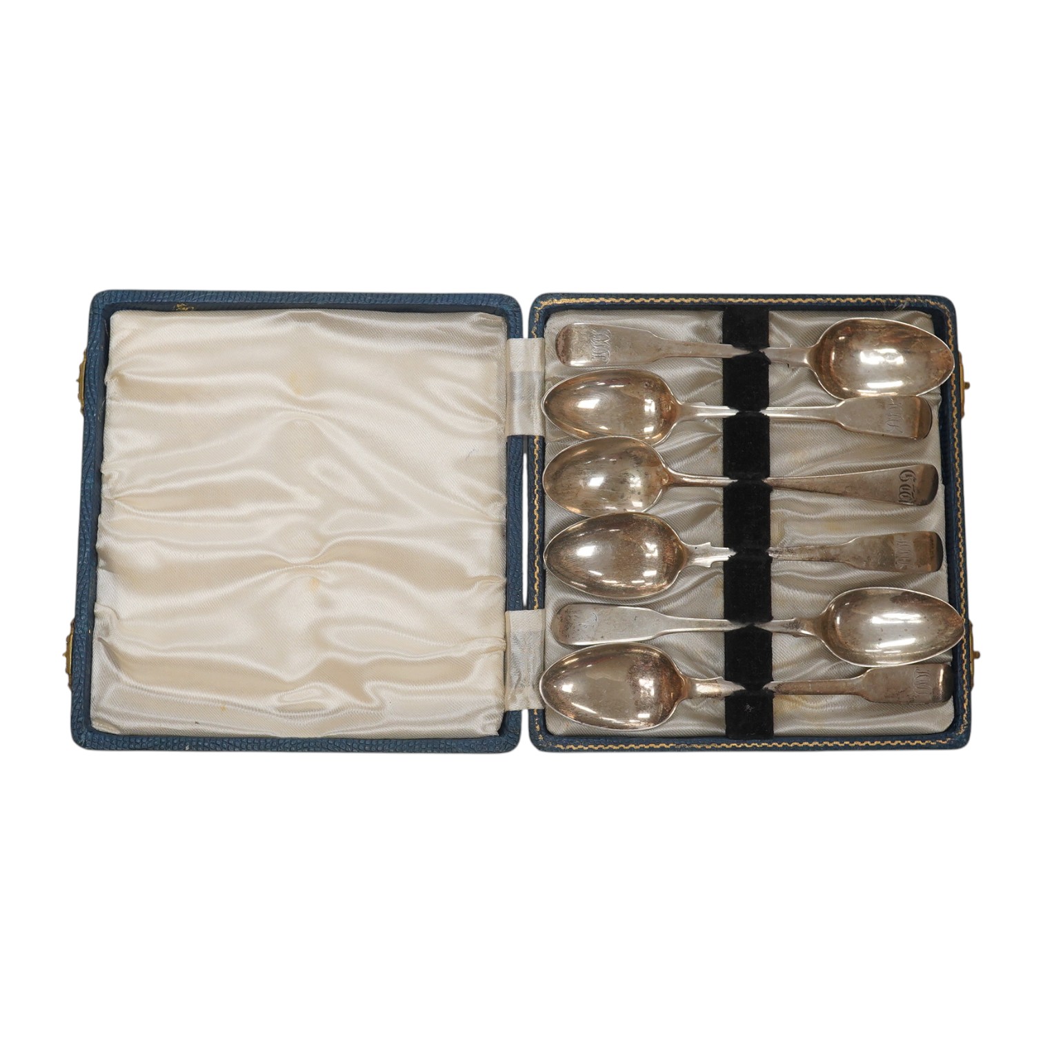 A cased harlequin set of six 19th century silver teaspoons, various dates, patterns and makers, 3.8oz. Condition - fair